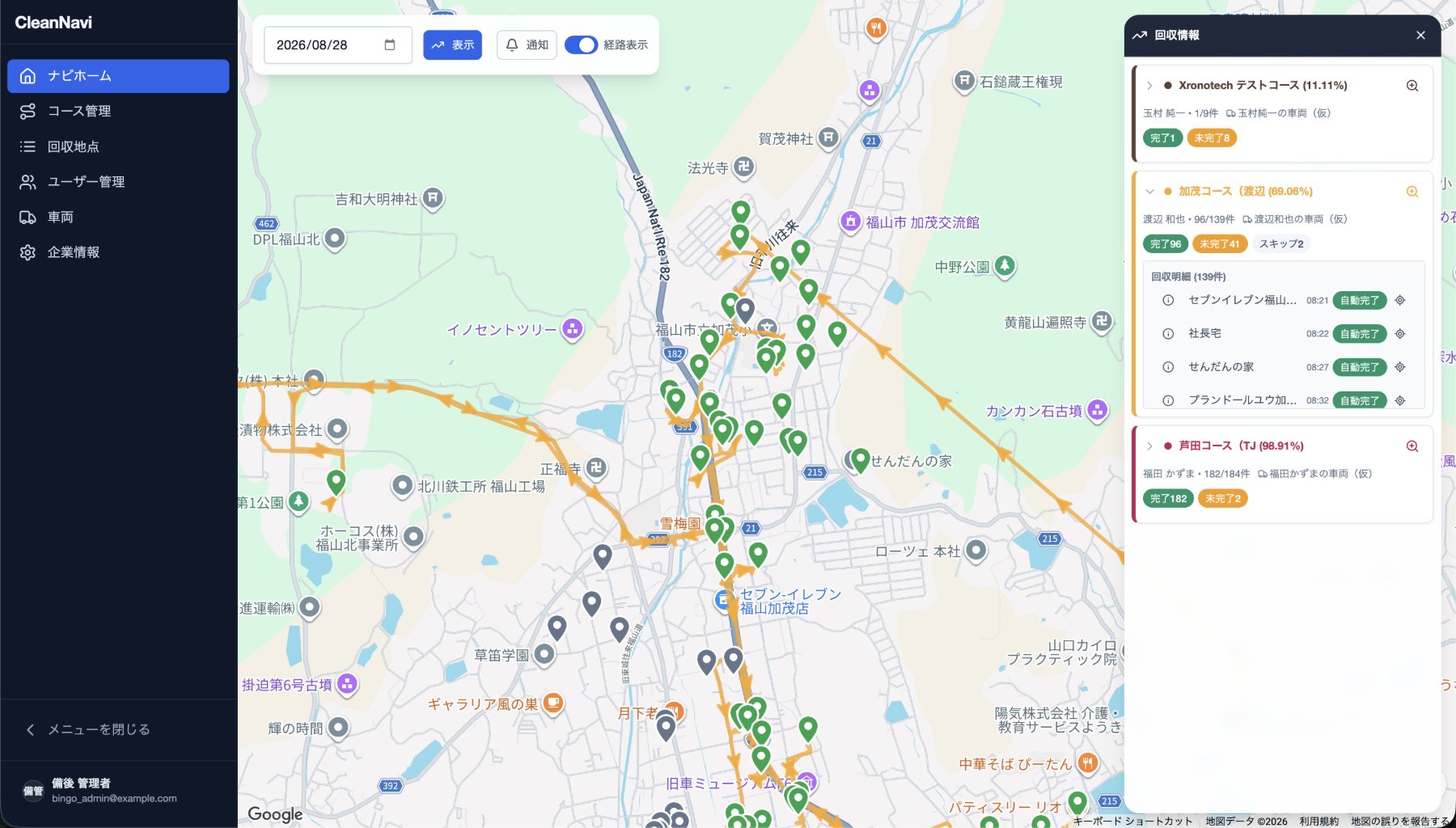 CleanNaviの管理画面。地図上に集積所と収集車の位置、右側にコース別の回収進捗が表示されている
